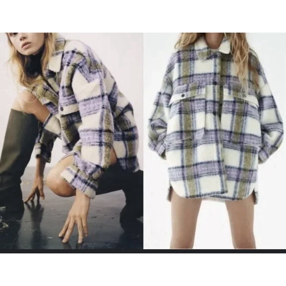 Zara‎ Plaid Sherpa Shirt Shacket Size XS/S Wool Blend Chunky Oversized